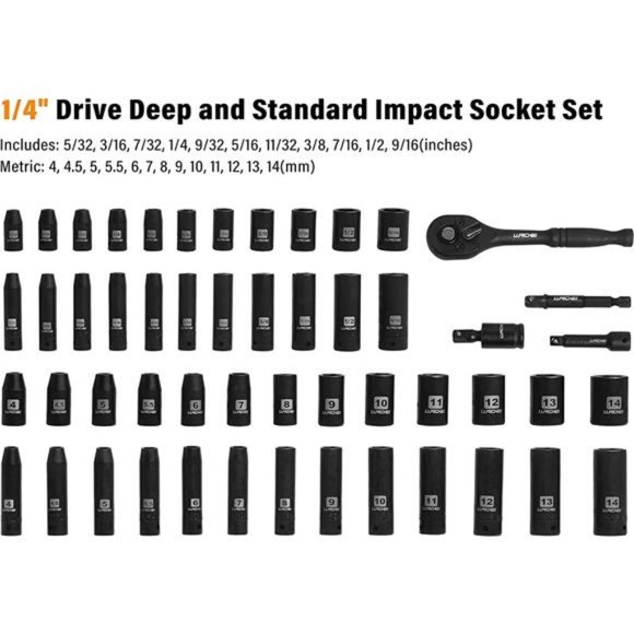1/4”Drive Impact Socket Set, 52 PCS Mechanic Tool Set with 72-Tooth Ratchet - Picture 2 of 6